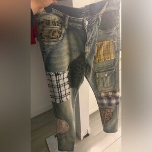 Patchwork Slim Straight Men's Jeans in Washed Blue